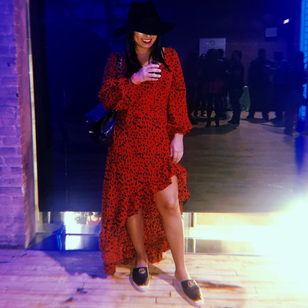 Boohoo red leopard print ruffle maxi dress